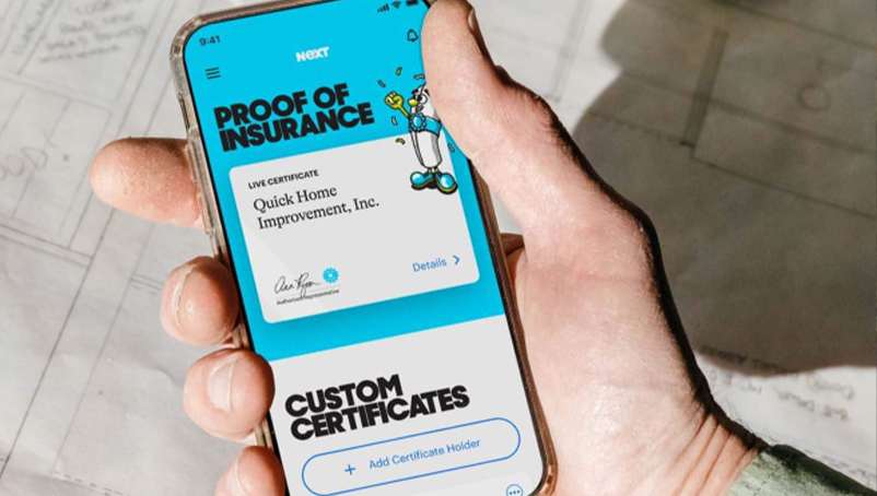man's hand holding a cellphone that displays a certificate of insurance on a mobile app