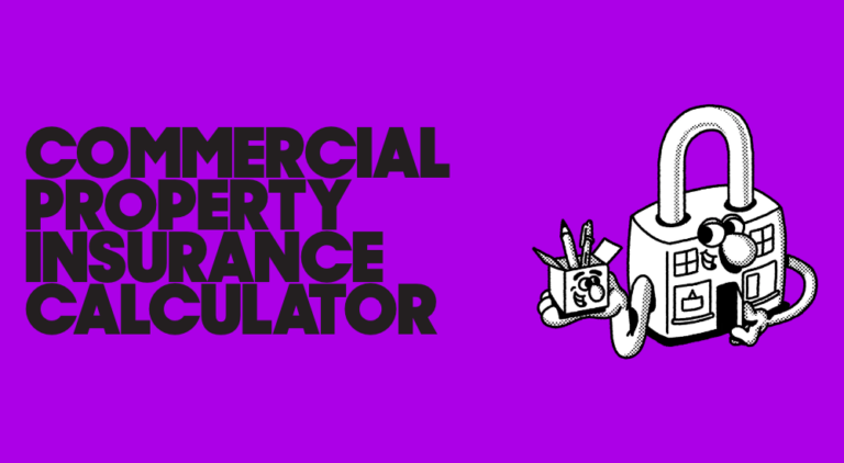 Commercial property insurance calculator text over purple background.