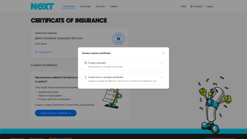Screen capture of NEXT Insurance's certificate of insurance analyzer. To use it, first you upload an existing document.
