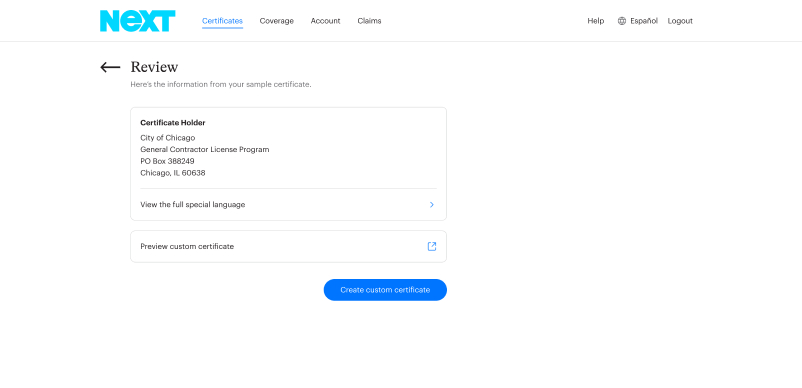 Screen capture of NEXT Insurance's certificate of insurance analyzer. After uploading a sample certificate, our platform extracts certificate details and generates a custom-made COI in less than a minute.