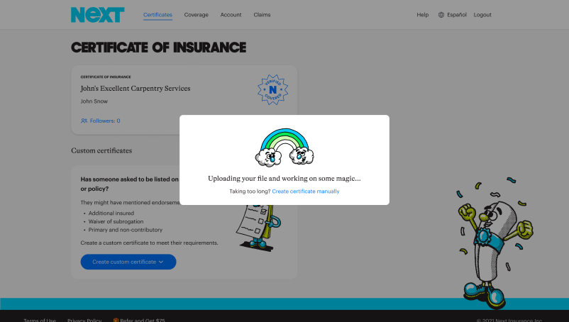 Screen capture of NEXT Insurance's certificate of insurance analyzer. After uploading a sample certificate, our platform extracts certificate details.