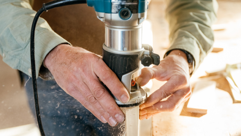 Close-up of a contractor's hands using a sander on a wood plank.