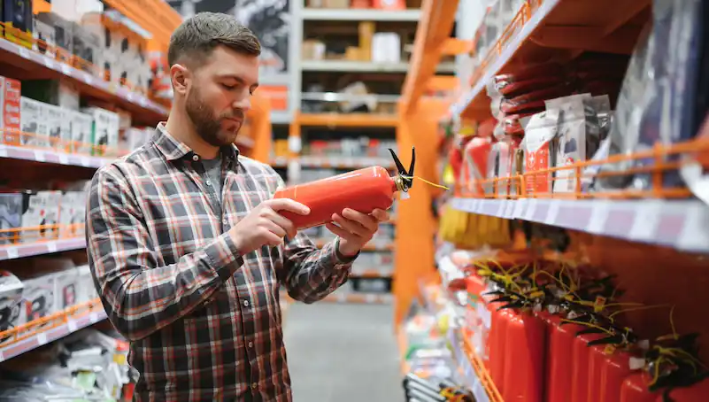 small business owner takes a fire extinguisher from a shelf