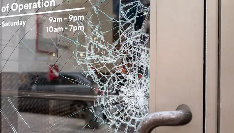 broken glass in a small business door